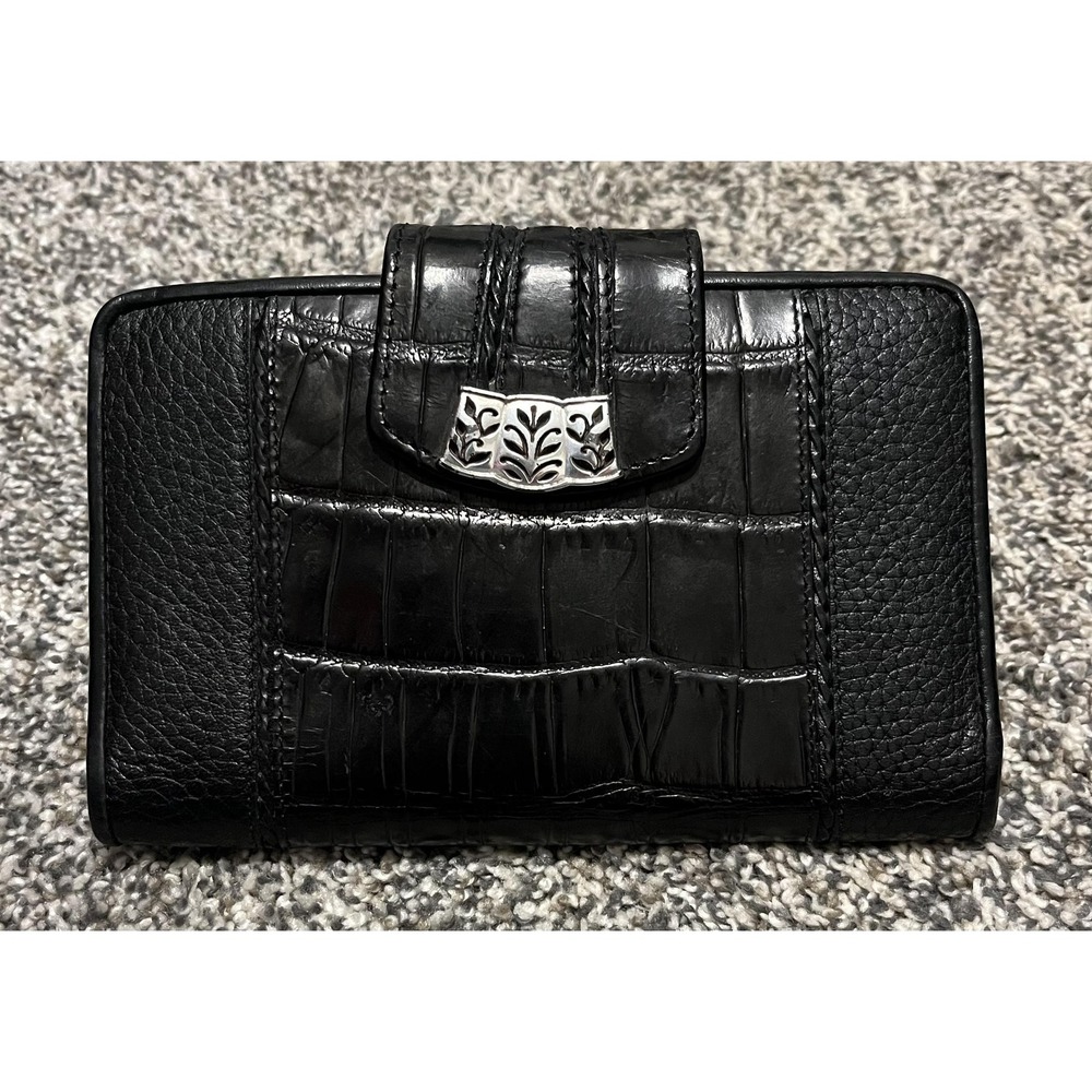 Brighton Wallet Womens Black Leather Croc Embossed Organizer Checkbook Clutch‎